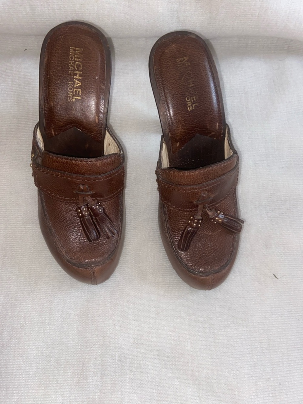 Michael Kors Brown Leather Tassel Slip-On Mules